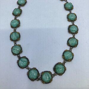 Vtg 1920s LOUIS ROUSSELET ? green peking glass brass choker necklace